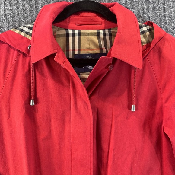BURBERRY LONDON Trench Coat Red Nova Check Lining Sz 14 Removable Hood USA Made - Picture 1 of 16